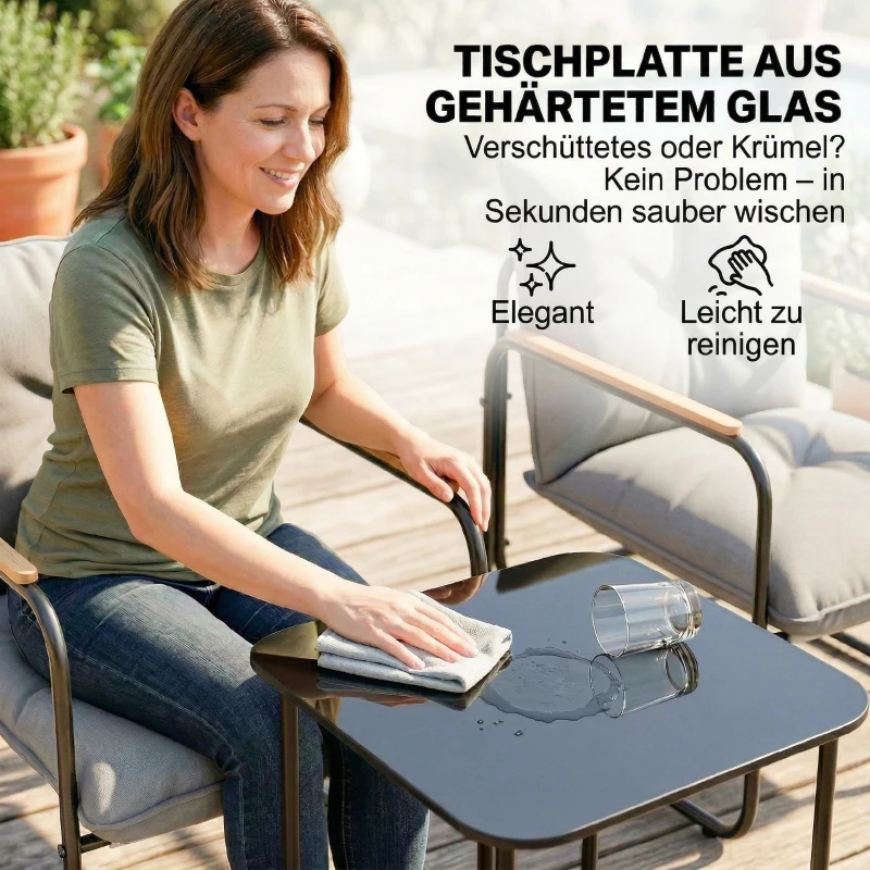 Outsunny 3-teiliges Garten Bistro Set Bistrotisch mit 2 Stühlen Glastisch Netz-Sitz dicken Kissen Holzoptik, Atmungsaktiv