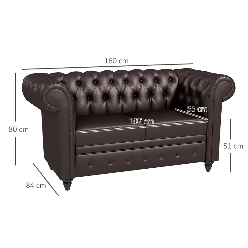 HOMCOM Canapea Chesterfield cu 2 locuri, cu pernă detașabilă, din piele ecologică, lemn și metal, 160x84x80 cm, maro(m-3)