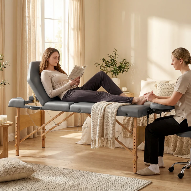 HOMCOM Camilla Masaje Plegable de Madera de 3 Zonas con Altura Respaldo Reposacabezas Ajustables Brazos 215x60x64-89 cm Gris