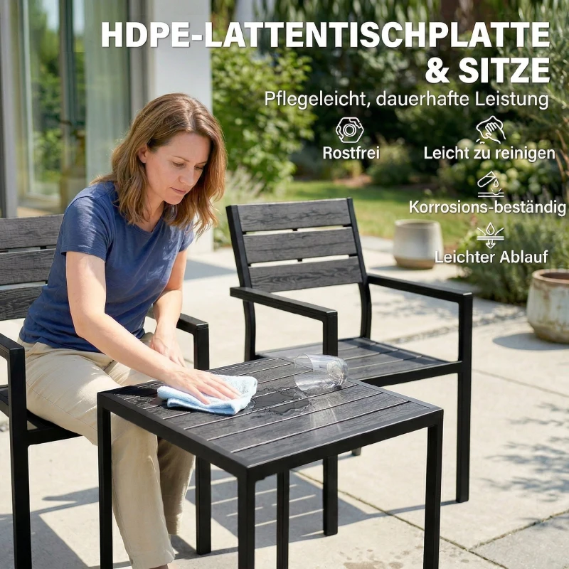 Outsunny 3-teiliges Garten Bistro Set Bistrotisch mit 2 Stühlen Lamellendesign Holzoptik HDPE-Tischplatte Rostbeständig