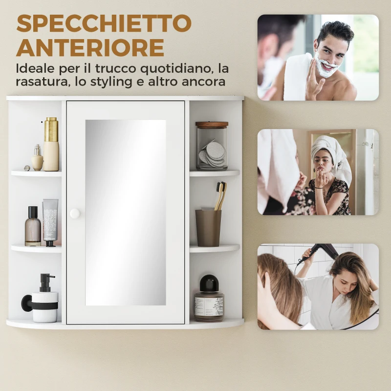 HOMCOM Specchio Bagno Contenitore con 6 Ripiani Aperti e 2 Chiusi, 66x17x63 cm Mobile Bagno con Specchio, Mobilettto da Parete in Vetro, Bianco