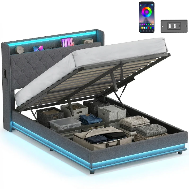 HOMCOM 4ft6 Double Bed Frame with Headboard, Platform Bed Frame with Hydraulic Storage, LED Lights and Charging Station, Grey