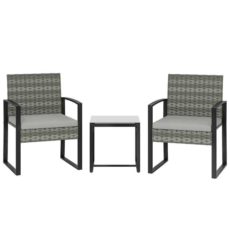 Outsunny Rattan Bistroset, 3 teiliges Gartenmöbel-Set mit 2 Gartenstühlen, Couchtisch, abnehmbar Kissen Hellgrau
