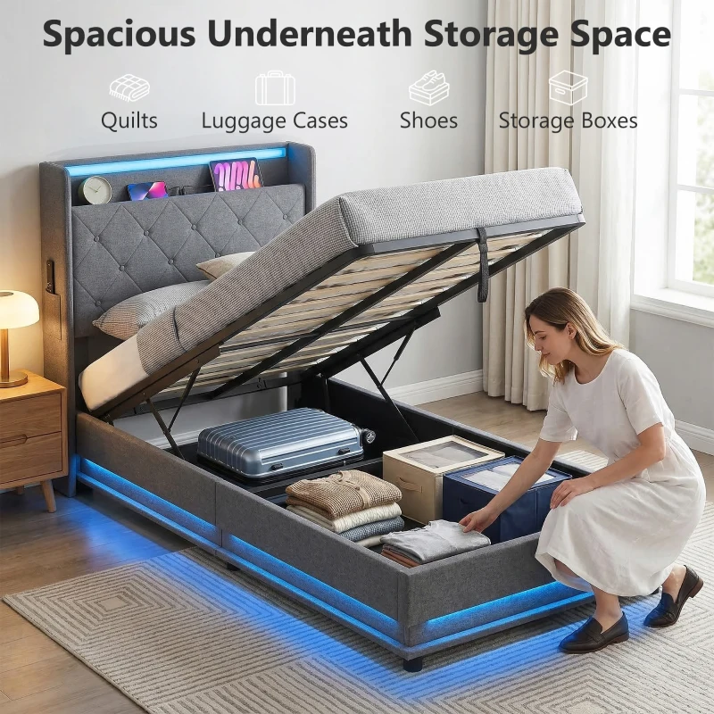 HOMCOM 3ft Single Bed Frame with Headboard, Platform Bed Frame with Hydraulic Storage, LED Lights and Charging Station, Grey