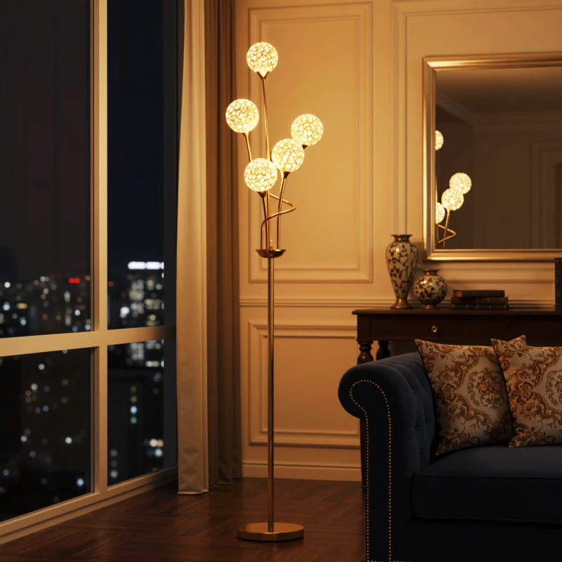 HOMCOM Crystal Floor Lamps for Living Room Bedroom with 5 Light, Modern Upright Standing Lamp, 34x25x156cm, Gold Tone