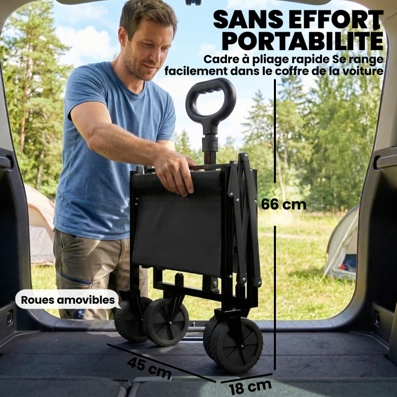 Outsunny Chariot de Transport Pliable 60L, Porte Arrière Rabattable, Roues Amovibles, Poignée Réglable, 71x45x86cm, Noir