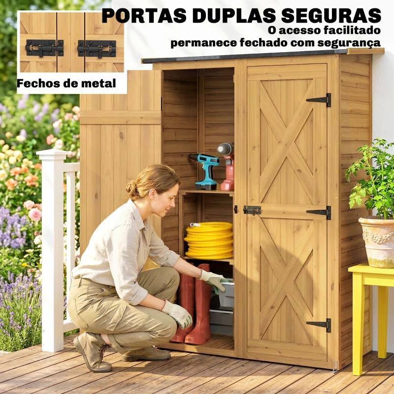 Outsunny Abrigo de Jardim de Madeira 115x53x156 cm Armário Exterior para Ferramentas com Portas Duplas Castanho