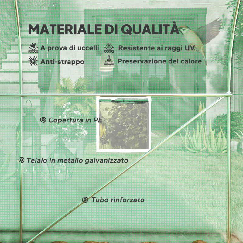 Outsunny Serra a Tunnel Anti-UV con 6 Finestre a Rete e Ingresso Arrotolabile, in Metallo e PE, 4x2x2 m, Verde
