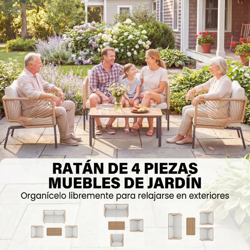 Outsunny Conjunto Jardín Exterior de 4 Piezas con Sofá 2 Sillones y Mesa WPC Ratán PE Tipo Cuerda Cojines Acolchados Blanco