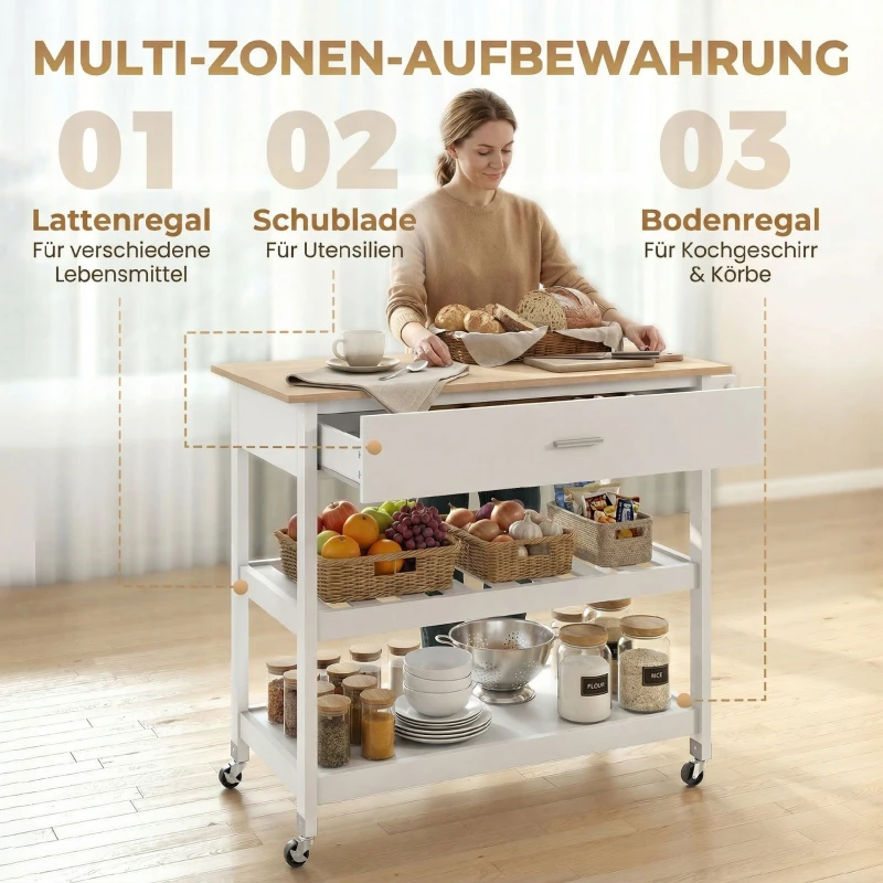 HOMCOM Küchenwagen mit Stauraum, Rollende Kücheninsel mit großer Arbeitsplatte, Schublade, 2 offenen Regalen, Handtuchhalter, Weiß