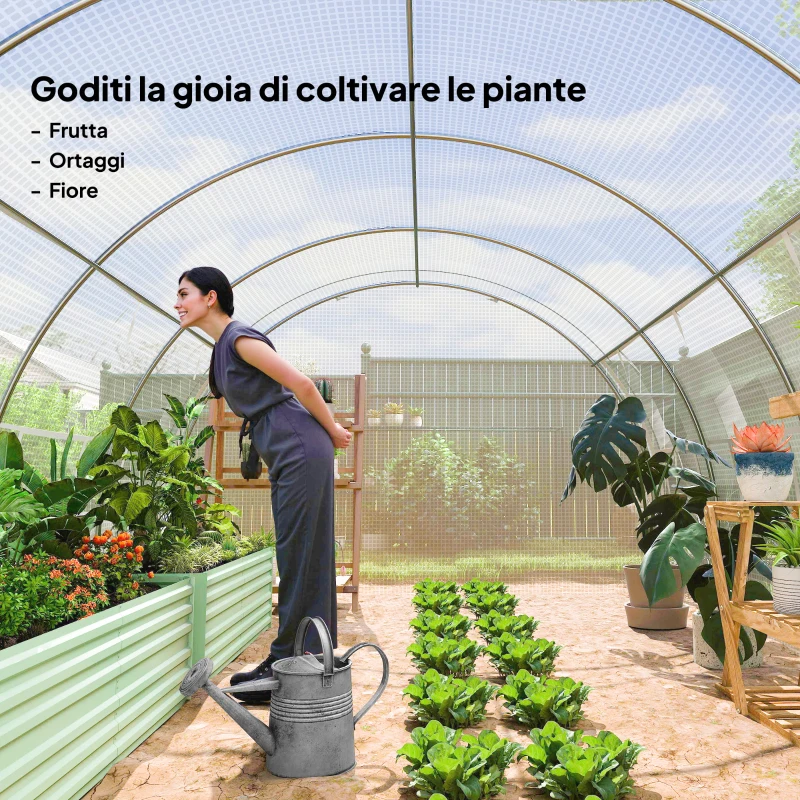 Outsunny Serra a Tunnel con Porta, Pannelli e 8 Finestre Avvolgibili, in Acciaio Zincato e PE, 3.97x3x2 m, Bianco