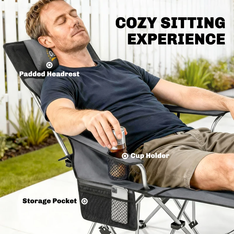 Outsunny Set of 2 Reclining Folding Camping Chair w/ Detachable Footrest, Storage Bag, Cup Holder & Headrest, Lightweight Portable Camp Chair for Beach, Picnic, Grey and Black