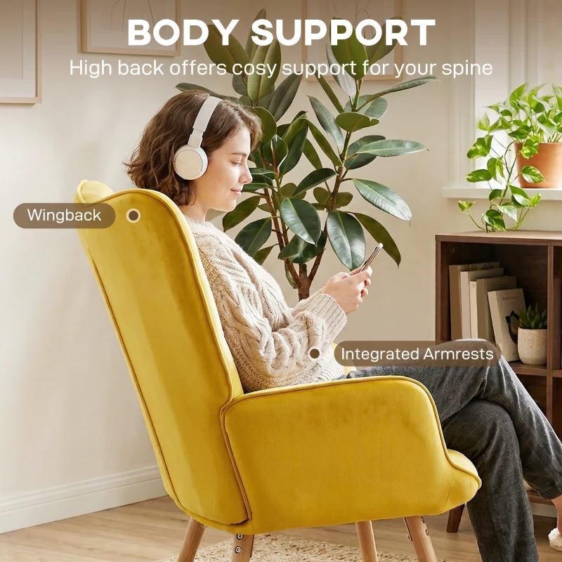 HOMCOM Modern Accent Chair, Upholstered High Back Armchair with Tufted Wingback, Seat Padding, Velvet Leisure Lounge Bedroom Chair with Wood Legs, Yellow