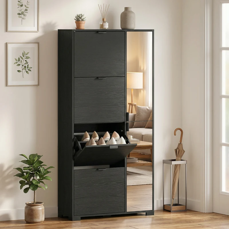 HOMCOM Schuhschrank mit Spiegel, 4 Klappschubladen, Schuhschrank für den Eingangsbereich, Schwarz