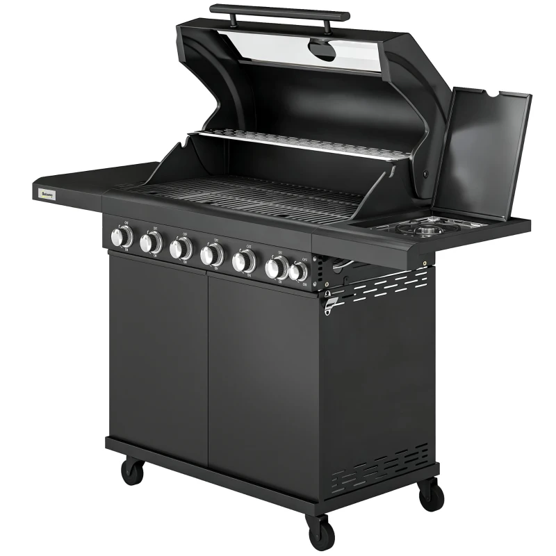 Outsunny 6+1 Burner Gas BBQ Grill, Outdoor Barbecue Trolley with Wheels, Warming Rack, Thermometer, Bottle Opener, Black