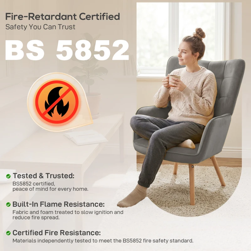 HOMCOM Modern Accent Chair, Upholstered High Back Armchair with Tufted Wingback, Seat Padding, Velvet Leisure Lounge Bedroom Chair with Wood Legs, Grey