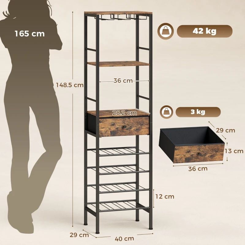 HOMCOM Industrial Wine Bar Cabinet Freestanding Liquor Cabinet 16-Bottle Wine Rack Glass Holder Rustic Brown