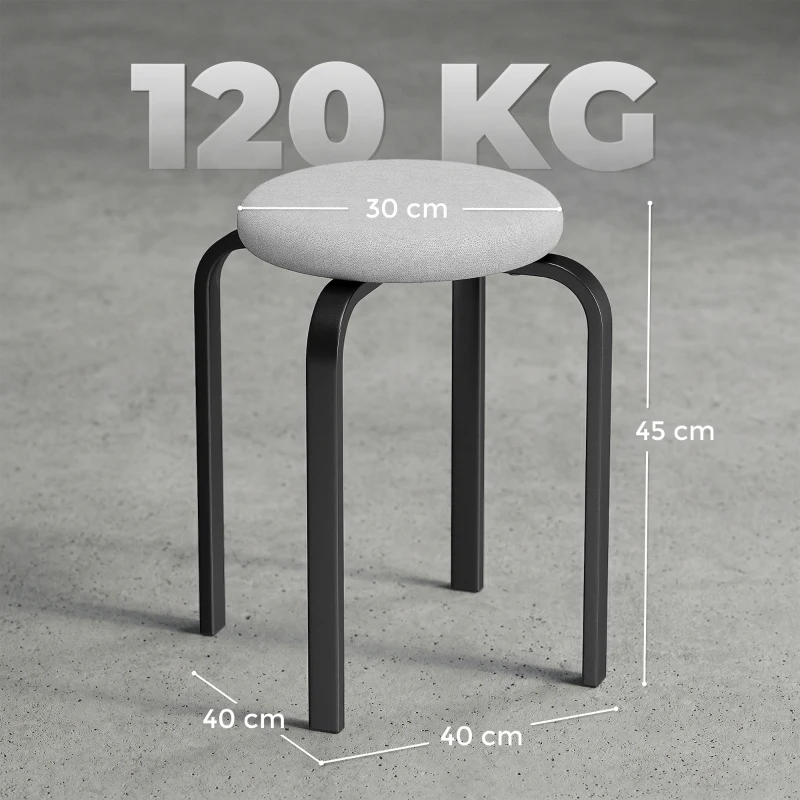 HOMCOM Lot de 4 tabourets empilables, tabourets ronds rembourrés modernes sans dossier pour cuisine, salle à manger, Gris