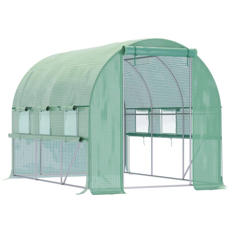 Outsunny Serra per Orto 3x2x2m in Acciaio e Copertura PE, Porte con Zip e Finestre a Rete, Verde