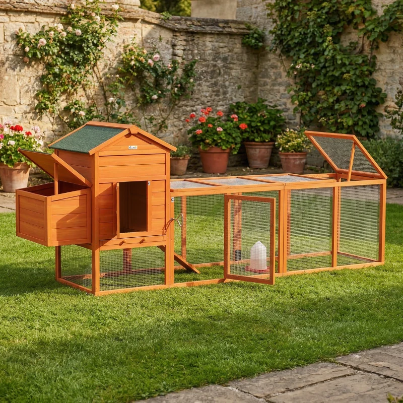 PawHut Gallinero de Madera Grande para 3-6 Gallinas con Techo Asfáltico Nido y Bandeja Extraíble 297,5x68x118 cm Natural