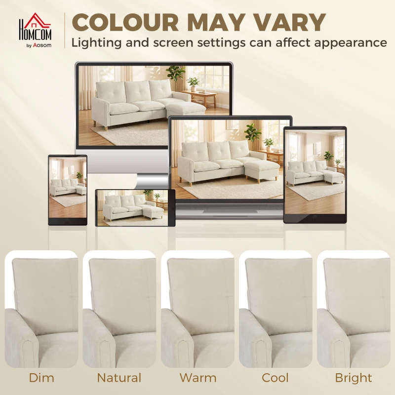 HOMCOM Sofá 3 plazas con pouf de almacenaje, sofá modular en esquina 210 cm, asiento amplio, tejido efecto lino, crema