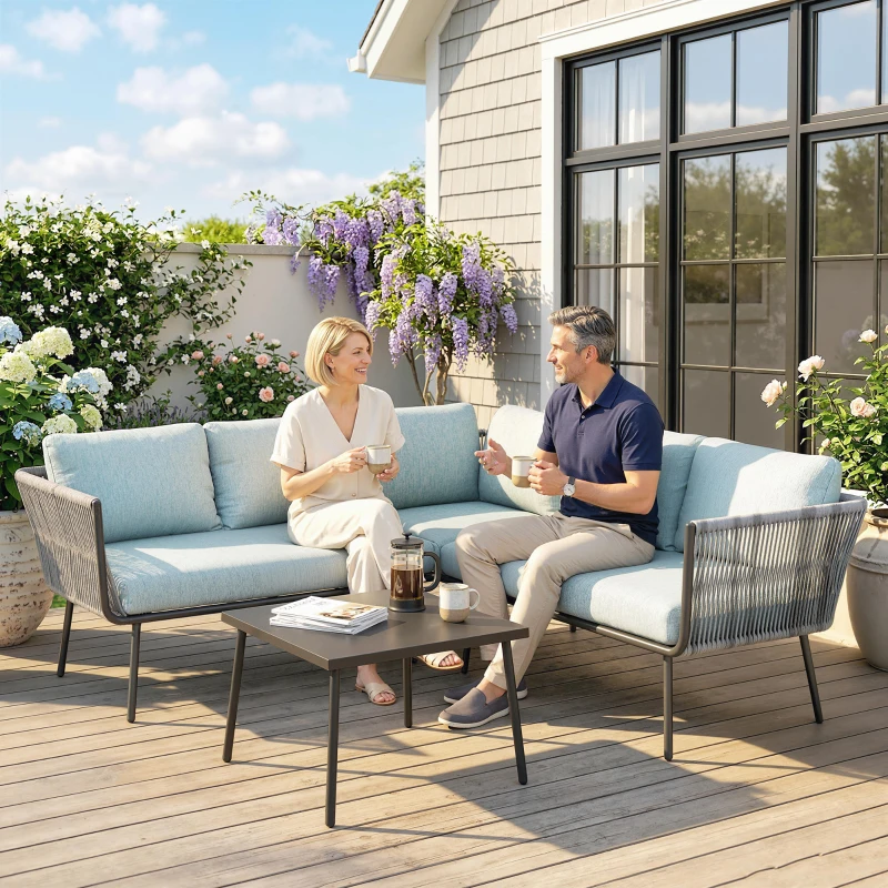 Outsunny Conjunto de Móveis de Jardim em Ratã Sofá de Canto com Almofadas e Mesa de Centro para Terraço Exterior Azul Claro