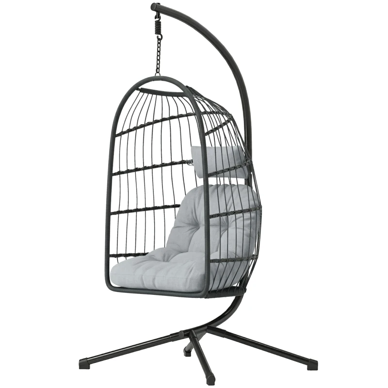 Outsunny Hanging Egg Chair, Indoor Outdoor Hammock Swing Chair with Stand, Safety Strap, Foldable Basket, Dark/Light Grey