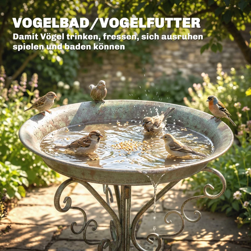 Outsunny Vogelbad mit Vogelstatue und dekorativem Standfuß, Vintage Garten Vogelbad Schale Sockel, Grün