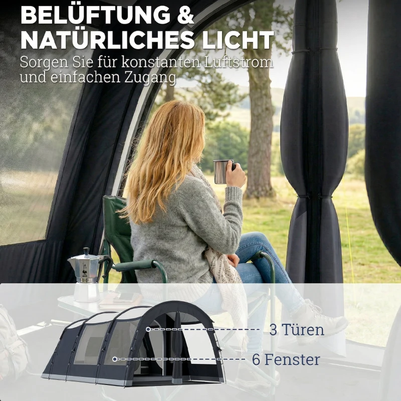 Outsunny Tunnelzelt 4 Personen Familienzelt mit Schlaf- und Wohnzimmer 6 Fenstern 3 Türen Bodenplane Stehhöhe 3000 mm Wassersäule