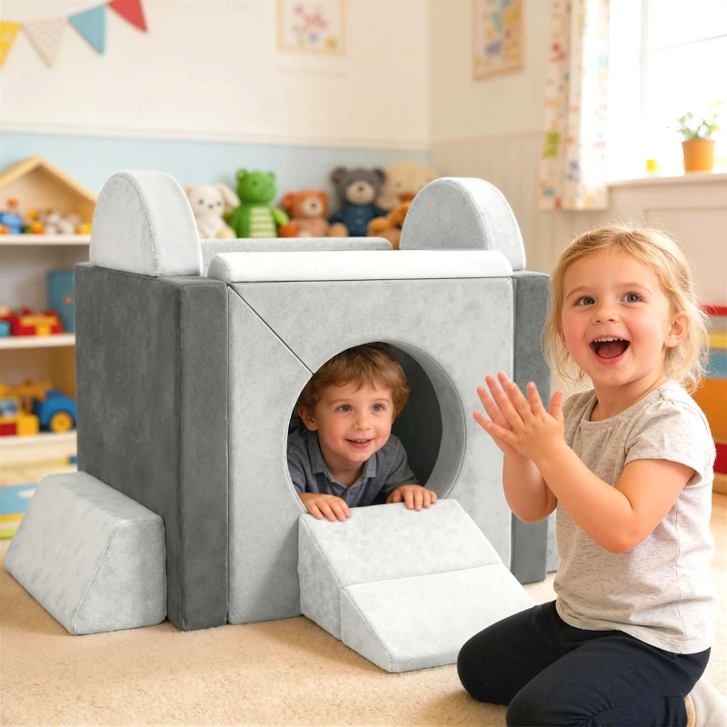 AIYAPLAY Kids Play Sofa, 12 Pieces Foam Modular Soft Play Set for Playroom, Children Convertible Sofa for Boys and Girls, Grey