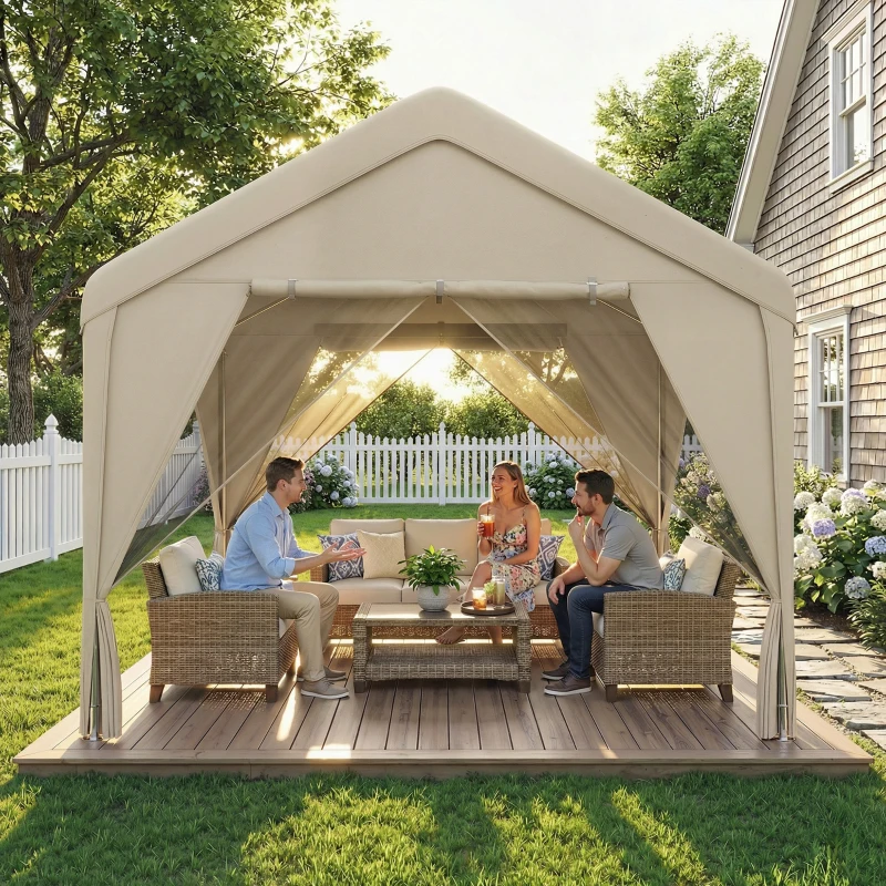 Outsunny 3 x 3 m Patio Gazebo with Netting & Curtains, Outdoor Canopy Shelter with Galvanised Steel Frame, Khaki