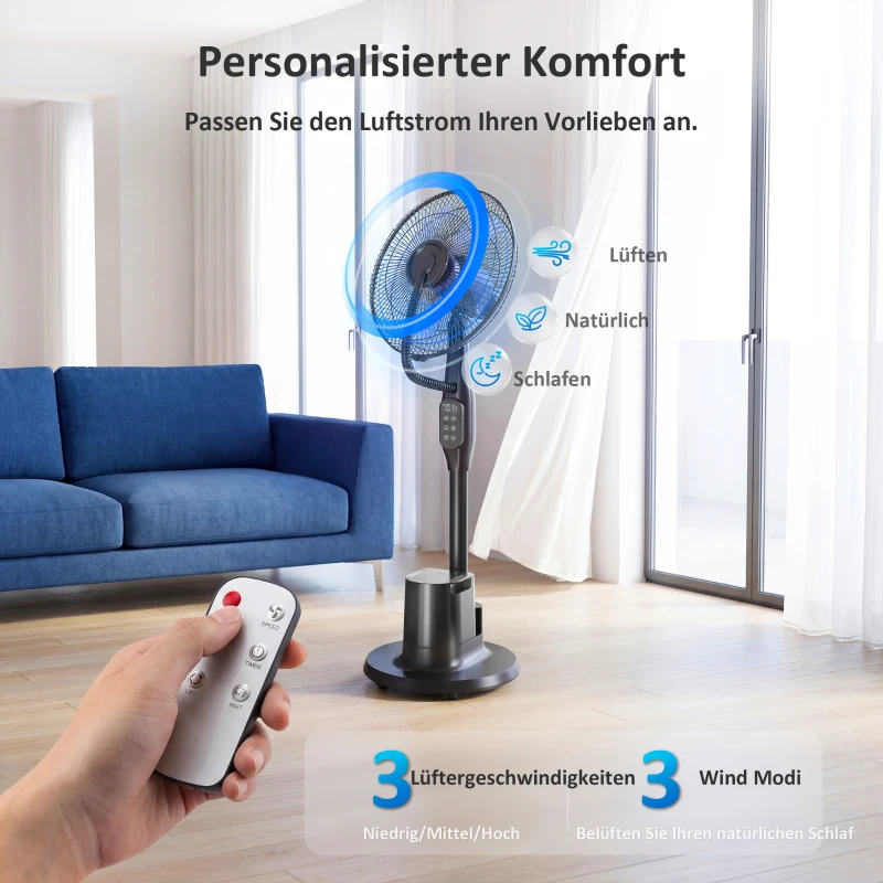 HOMCOM Staande ventilator met sproeinevel, 70° oscillatie, 3 snelheden, 3 modi, 3,5L watertank, Zwart