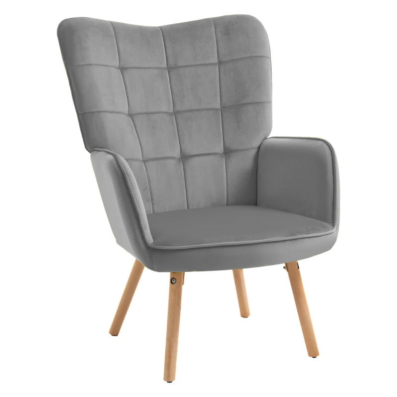 HOMCOM Modern Accent Chair, Upholstered High Back Armchair with Tufted Wingback, Seat Padding, Velvet Leisure Lounge Bedroom Chair with Wood Legs, Grey