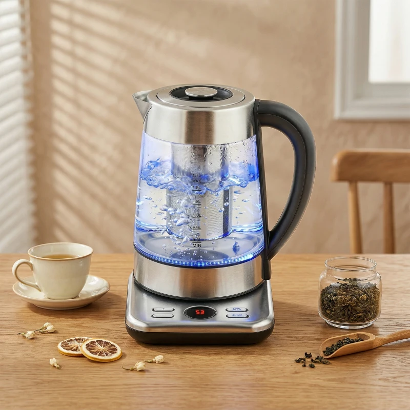 HOMCOM Elektrische Waterkoker, 1,7L Snelkoker met 2200W Vermogen, UK Strix Thermostaat, Theefilter, Warmhoudfunctie