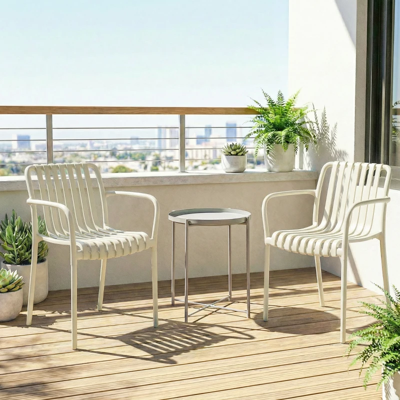 Outsunny Lot de 4 chaises de jardin Chaises de terrasse empilables design à lattes Accoudoirs, Ergonomiques Blanc crème
