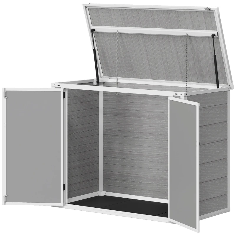 Outsunny 4.7 x 2.5FT Garden Shed, Double Bin Storage Shed with Lockable Doors, Outdoor Small Shed with Openable Lid for 2 Trash Cans, Garden Tools, Grey