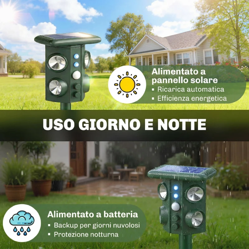 Outsunny Repellente Solare Ultrasonico per Gatti con 5 Modalità, Sensore PIR e Flash LED