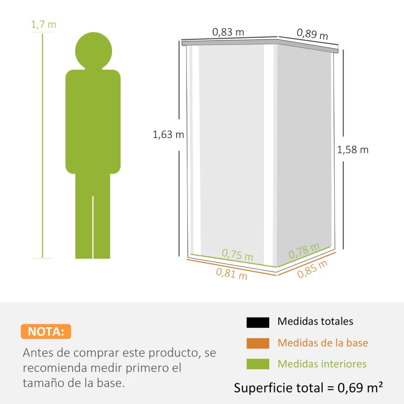 Outsunny Cobertizo de Jardín Exterior 0,69 m² 83x89x163 cm con Techo Inclinado Puerta con Cerradura Incluye Guantes Gris Oscuro