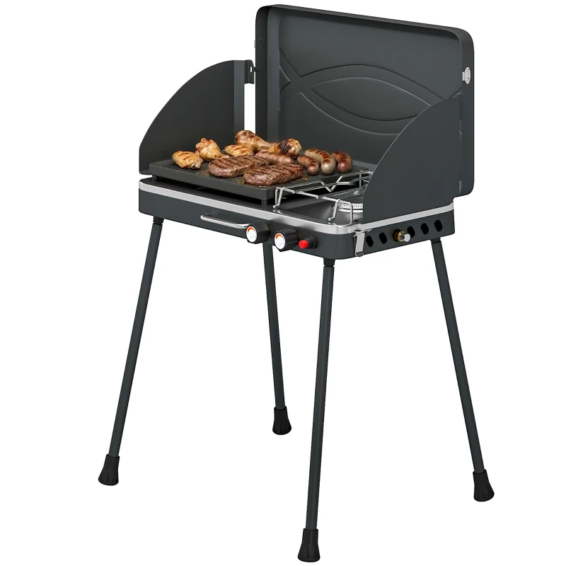 Outsunny Barbacoa de Gas Portátil 2 en 1 Propano 7 kW de Mesa o de Pie con Plancha Grande Patas Desmontables Negro