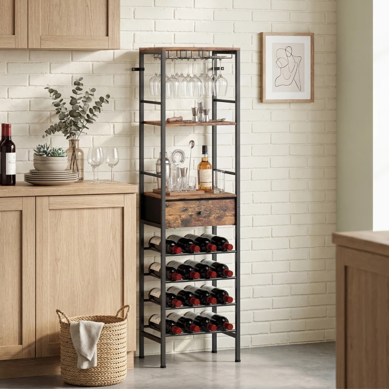 HOMCOM Industrial Wine Bar Cabinet Freestanding Liquor Cabinet 16-Bottle Wine Rack Glass Holder Rustic Brown