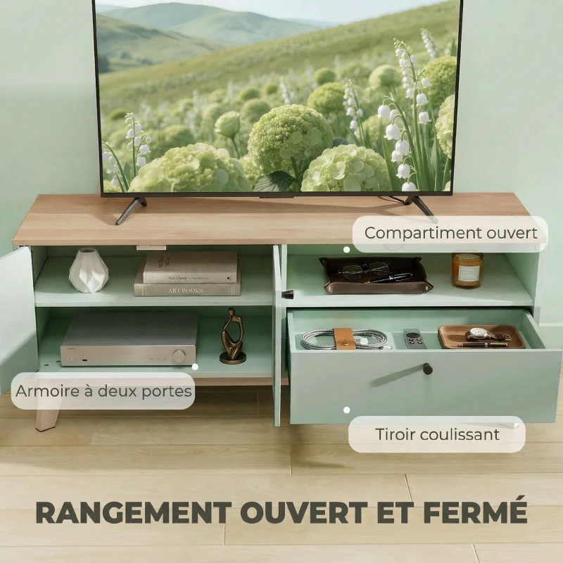 HOMCOM Meuble TV 120 cm, meuble télé pour téléviseur jusqu'à 36 pouces avec 2 portes, tiroir, compartiment ouvert, vert clair