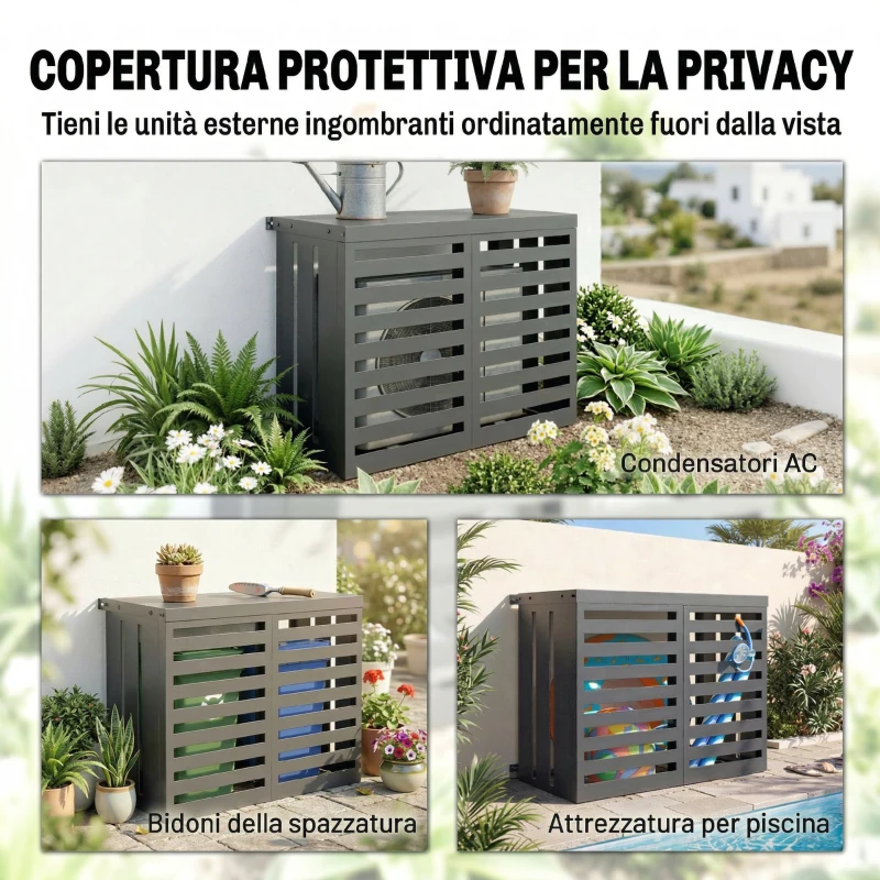 Outsunny Copertura per Condizionatore Esterno, in Acciaio Zincato, Recinzione con Doghe per Giardino, Grigio Scuro