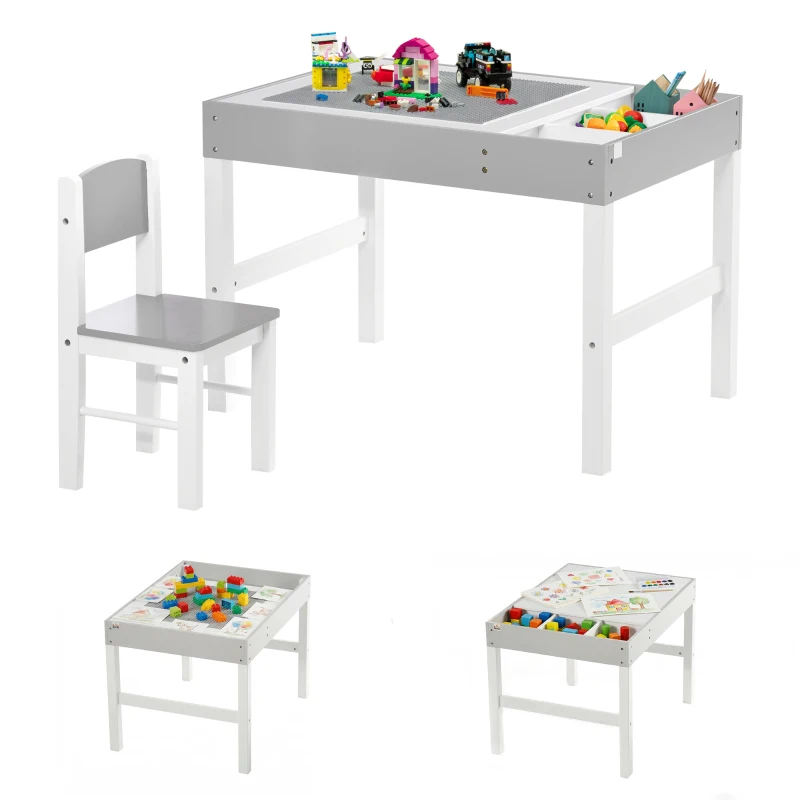 HOMCOM Mesa y Silla Infantil de Madera con Tablero Extraíble Mesa de Bloques de Construcción para+18m 80x60x57,5 cm Gris