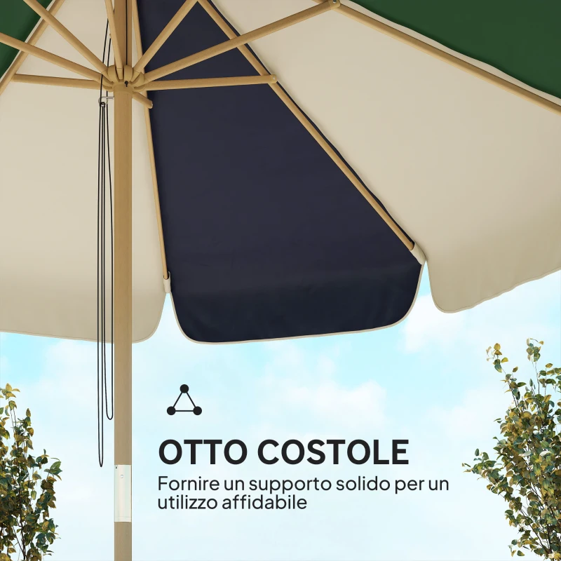 Outsunny Ombrellone da Giardino con Telaio Effetto Legno, Tettuccio a Blocchi di Colore con 8 Stecche, UV 30+