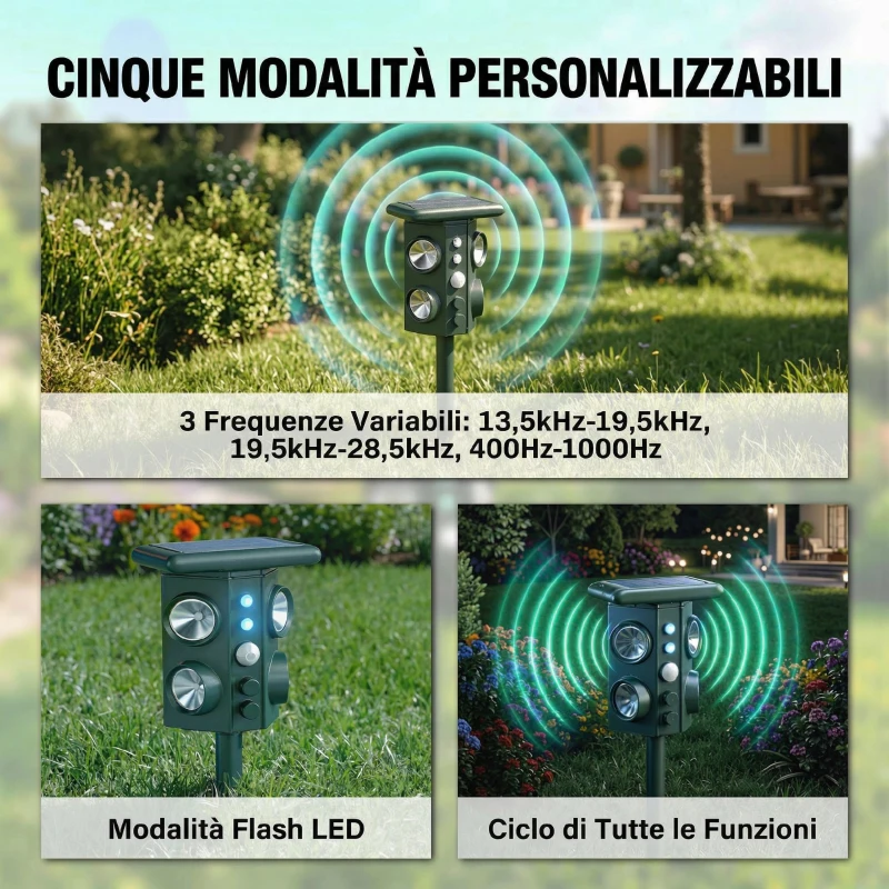 Outsunny Repellente Solare Ultrasonico per Gatti con 5 Modalità, Sensore PIR e Flash LED