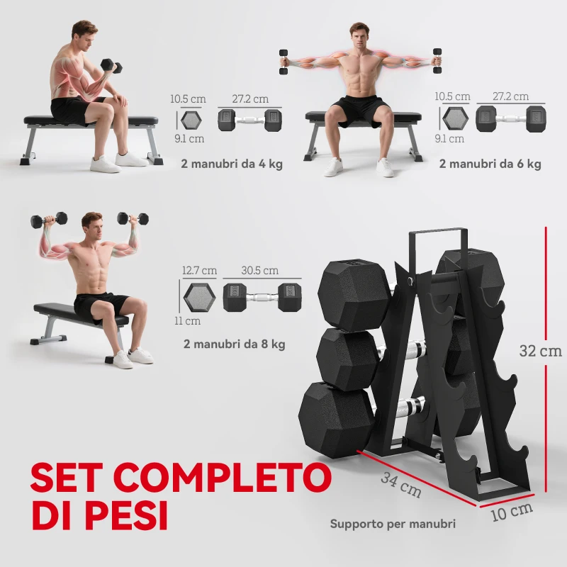 SPORTNOW Set di Manubri Palestra con Supporto in Metallo con Impugnatura Antiscivolo, 2x4kg, 2x6kg, 2x8kg, Nero