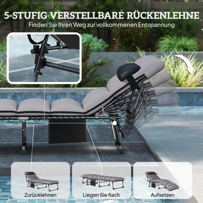 Outsunny Sonnenliege Klappbar tragbar Gartenliege mit 5-fach Verstellbar Rückenlehne gepolsterter Matratze Kopfstütze