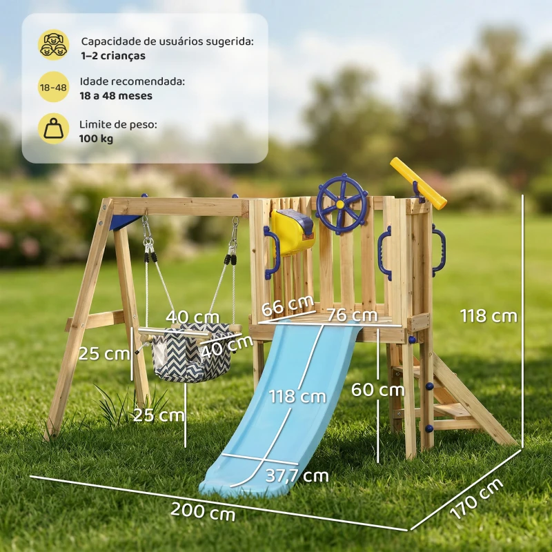 AIYAPLAY Baloiço e Escorrega Infantil Exterior de Madeira com Volante e Telescópio para Crianças de 18-48 Meses Madeira