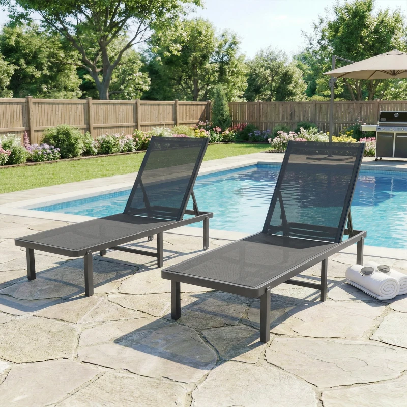 Outsunny Conjunto de 2 Tumbonas Reclinables con Ruedas Respaldo Ajustable 4 Niveles Estructura de Aluminio Tela Textilene Gris