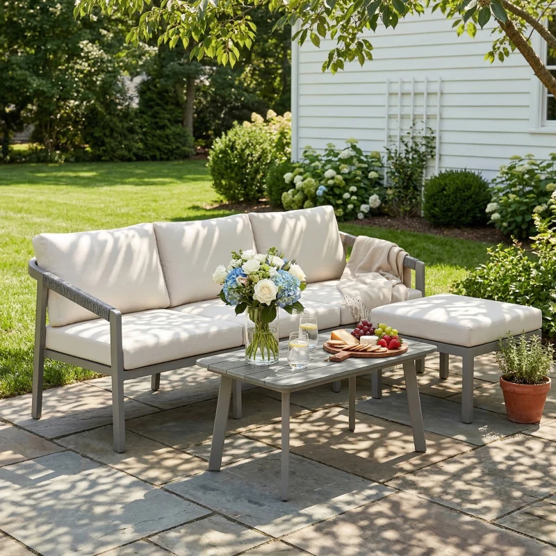 Outsunny Conjunto de Jardim de 3 Peças Sofá Exterior em L com Sofá de 3 Lugares Apoio para os Pés Mesa de Ripas e Almofadas de 10 cm Castanho e Bege